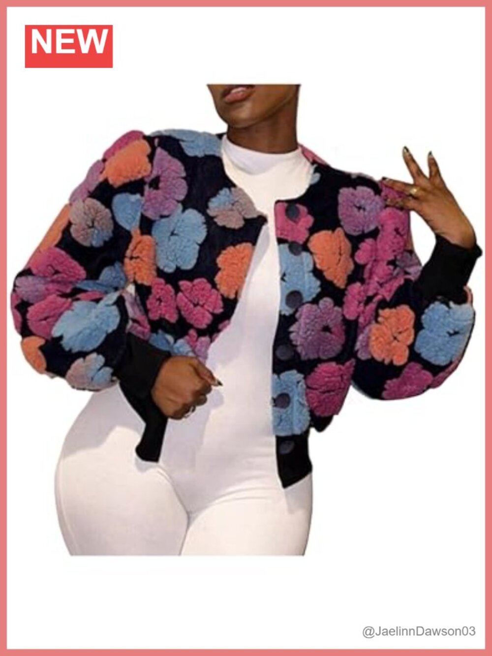 Cropped Fleece Bomber Jacket Floral Print Sherpa Coat Button Down